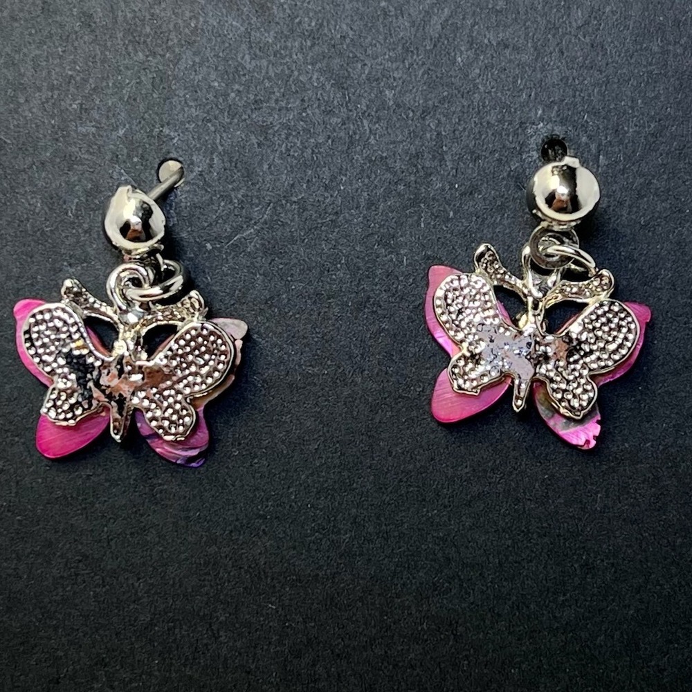 Butterfly Earrings Pink Silver Tone Dangle Drop Fashion Jewelry